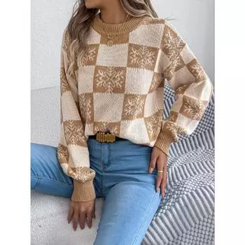 Autumn And Winter New Round Neck Christmas Snowflake Pattern Checkered Contrasting Casual Long Sleeved Pullover Sweater For Women S хаки