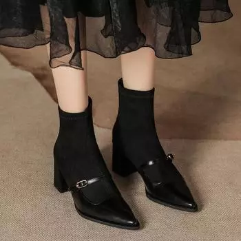 Autumn and winter new short boots retro pointed head one-word buckle thick heel fashion boots women s medium tube suede splicing 35