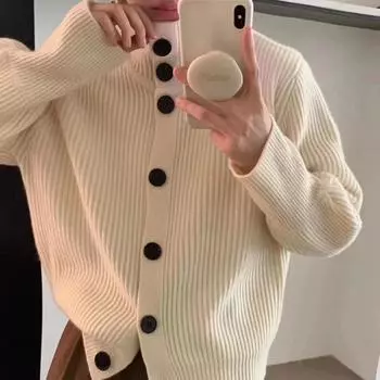 Autumn and winter new simple loose lazy style turtleneck knitted cardigan women s solid color sweater jacket women one size fits all бежевый