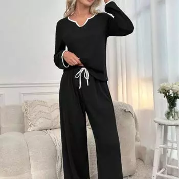 Осенне-зимний новый однотонный V-образный вырез свободный удобный домашний костюм для отдыха с завязками на брюках для женщин S 100-60 kg чёрный