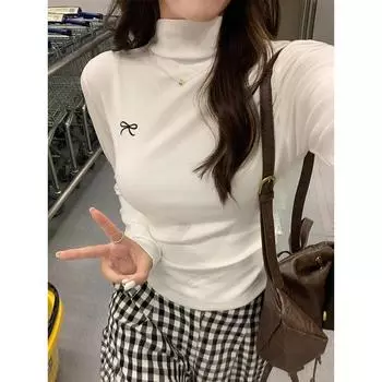 Autumn and winter new style bow embroidered half-high collar plus velvet long-sleeved women s pleated pinch waist slimming inner layering shirt top S