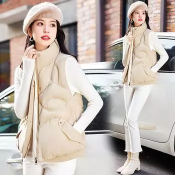 Autumn and winter new style down cotton short stand collar vest women s fashion loose Korean style waistcoat warm vest M чёрный