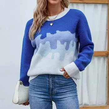 Autumn and winter new style European and American round neck pullover sweater for women with contrasting colors S синий