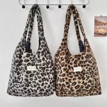 Осенне-зимний новый стиль, модная сумка через плечо из искусственного плюша ягненка большой вместимости с леопардовым принтом