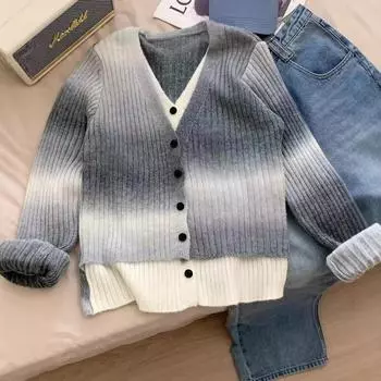 Осенне-зимний новый стиль градиентный V-образный вырез вязаный кардиган с высококачественной ленивой курткой свитер для женщин One size