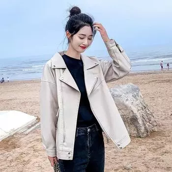 Осень и зима Новая стильная кожаная куртка для женщин в корейском стиле, короткая однотонная куртка с длинным рукавом и лацканами из искусственной кожи для женщин, повседневная S