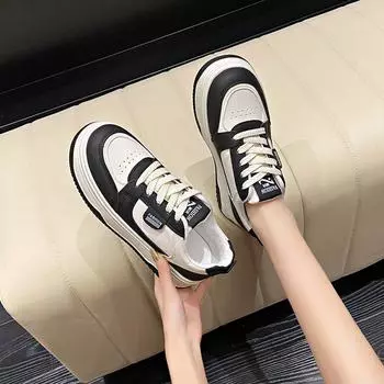 Autumn and winter new thick-soled round head color matching casual shoes college style lace-up versatile sports little white shoes women 35