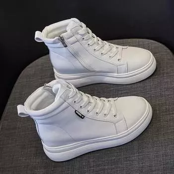 Autumn and winter new thick-soled versatile warm heightening casual women s cotton shoes trendy short boots lace-up zipper high-top women s shoes 34 белый