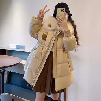 Autumn and Winter New White Duck Down Big Fur Collar Down Jacket Women s Medium and Long Warm Atmosphere Waist Fashion Coat Tide S