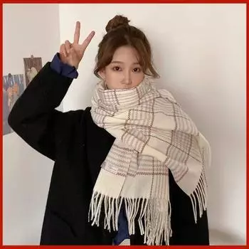 Autumn And Winter New Women S Imitation Cashmere Plaid Scarf Japanese Fashion Versatile Shawl Thickened Warm Tassel Scarf 200*40cm