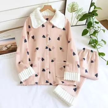 Осенне-зимняя новая женская пижама из чистого хлопка, теплая домашняя одежда, цветочная пижама, женский пижамный комплект M