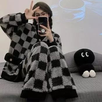 Autumn and Winter New Women s Warm Pajamas Homewear Suit Girls Students Coral Fleece Thickened Padded Winter Plaid Homewear Suit M