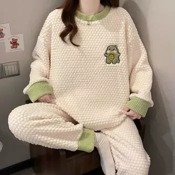 Autumn and Winter New Women s Warm Coral Velvet Pajamas Homewear Suit Girls Cartoon Jacquard Thickened Padded Pajamas Homewear M