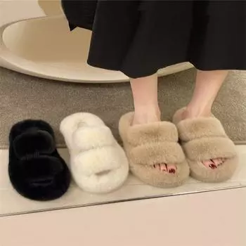 Autumn and Winter New Woolly Slippers Women Fashion Outside Wearing Plush Thick Sole Slippers Home Cotton Mop 36-37