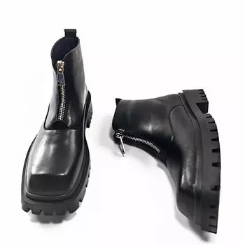 Autumn and winter niche zipper square head retro Martin boots men s trendy brand ruffian handsome heightening medium and high top leather shoes boots 38 чёрный