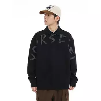 Autumn And Winter Open Chest Lapel Letter Printing Black Heavy Sweater Men S Loose Large Size Top Tide M чёрный