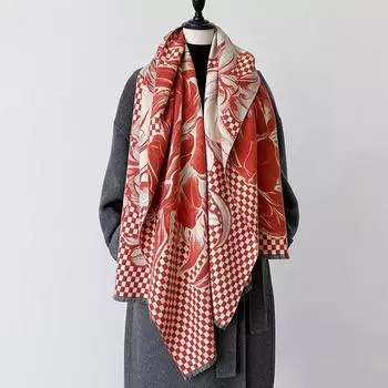 Autumn and Winter Peony Artistic Sense Retro Style Texture Print Double-sided Warm Scarf Shawl Women оранжевый