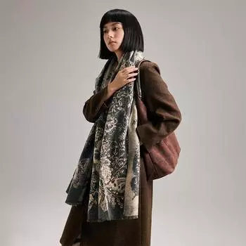 Осенне-зимний женский теплый шарф-шаль с принтом в виде пиона и бабочки в стиле ретро в литературном стиле 185 оранжевый