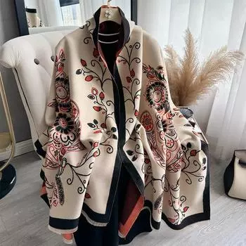 Autumn and Winter Plants, Vines, Antique Retro Autumn and Winter Women s Short Beard, Fringed Warm Scarf 185 синий