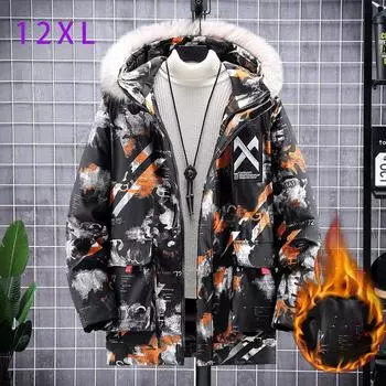 Autumn and Winter Plus Size Men s Plush Thick Casual Versatile Mid To Long Casual Warm and Windproof Zipper Jacket with Fur Collar Hood for Warmth 12XL