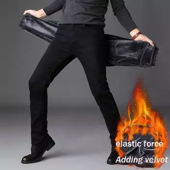 Autumn And Winter Plus Velvet Thick Warm Men S Mid High Waist Straight Leg Jeans Men S Pants Trendy Jeans 28 чёрный