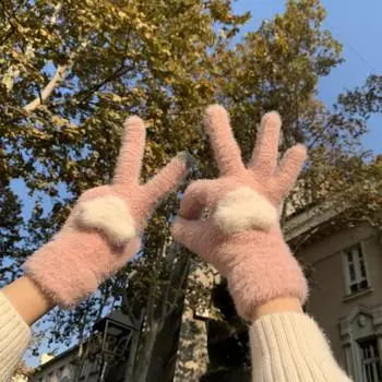 Autumn and Winter Plus Velvet Warm Touch Screen Gloves for Sweet Girls Korean Style Cute Knitted Wool Split-finger Cycling for Cold-proof Students average size