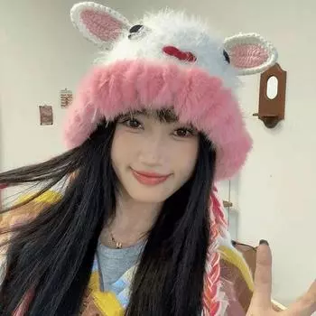 Autumn and winter plush little monster hat female funny cute wool hat small animal warm ear protection Lei Feng knitted hat M56-58cm зелёный