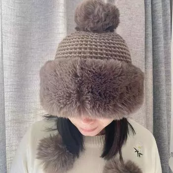 Autumn And Winter Ponytail Ear Protection Woolen Hat, Women s Wool Ball Color Blocked No Wool Knitted Hat, Vold Hat With Toe Cap 56-58CM чёрный