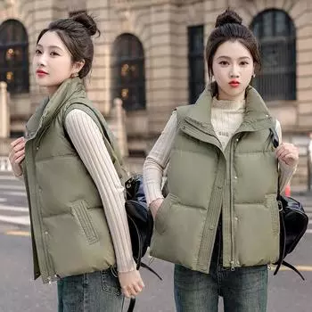 Autumn and winter PU new down cotton vest Korean version loose small short thin stand-up collar vest S чёрный