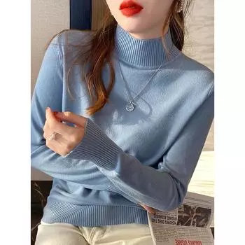 Autumn and Winter Pullovers Sweaters Women Fashion Loose Half High Neck Base Women Knitted Sweater Tops Elegant Solid Simple Ladies Knit Jumper 25730 One Size светло-желтого