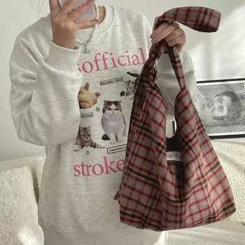 Осенне-зимняя шерстяная клетчатая сумка в стиле ретро, вместительная, для студентов, для занятий, сумка через плечо кирпич красный