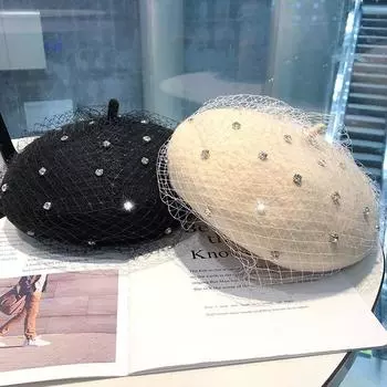 Осенне-зимняя ретро-многофункциональная шляпа художника с кристаллами и ромбами, женская модная подходящая по цвету шерстяная шапка 56-58cm белый