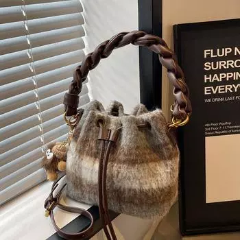 Осенне-зимняя ретро шерстяная клетчатая сумка женская новая текстурированная универсальная сумка-мессенджер модная портативная сумка-ведро