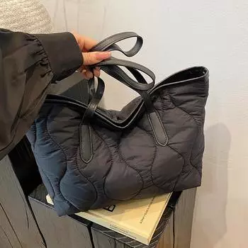 Autumn and winter rhombus nylon casual bag 2025 large capacity shoulder underarm bag tote bag women чёрный