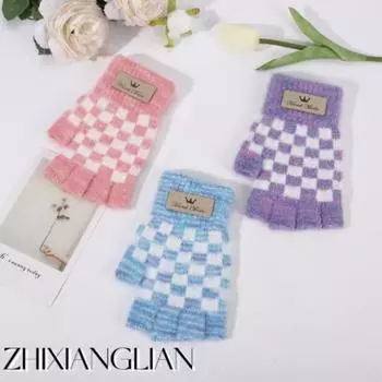 Осенне-зимние перчатки из смешанной шерсти норки, окрашенные в секции, модные, свежие, клетчатые, теплые и морозостойкие, с полупальцами One size