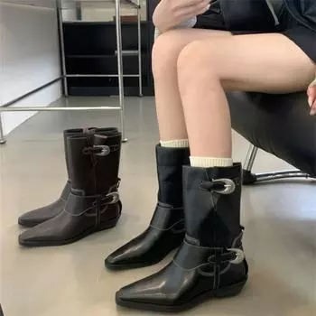 Осенне-зимние сексуальные повседневные сапоги с пряжкой и украшением на квадратном каблуке, элегантные, удобные, модные женские туфли 35