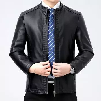 Autumn and Winter Sheepskin Leather Jacket Men s Stand-up Collar Plus Velvet Business Casual Motorcycle Leather Jacket Jacket 170