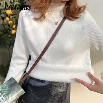 Осенне-зимний однотонный трикотаж с подкладкой, теплая внутренняя рубашка, тонкий свитер One Size чёрный