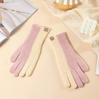 Autumn and Winter Stitching Color Knitted Ladies Warm Gloves Dew Finger Touch Screen Cold Proof Wool Gloves Average Size
