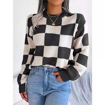 Autumn And Winter Street Style Contrasting Plaid Long-Sleeved Pullover Knitted Sweater S серый