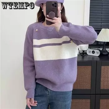 Autumn and Winter Striped Round Neck Sweater Knitted Base Color Blocked Loose Design Knitted Sweater Top S