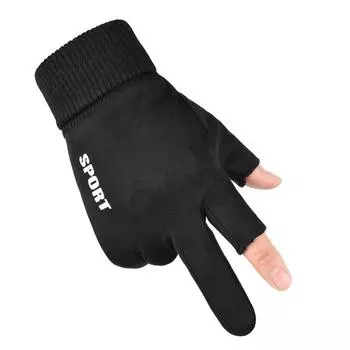 Autumn and Winter Suede Fleece Warm Full Finger Gloves Outdoor Cycling and Driving Anti Slip and Windproof Touch Screen Exposed Two Finger Gloves average size