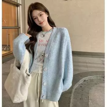 Осенне-зимний свитер, куртка, синий, женский, нежный трикотажный свитер, ленивый стиль, кардиган, топ, липкий, мягкий, с V-образным вырезом, свободный крой one size небесно-голубой
