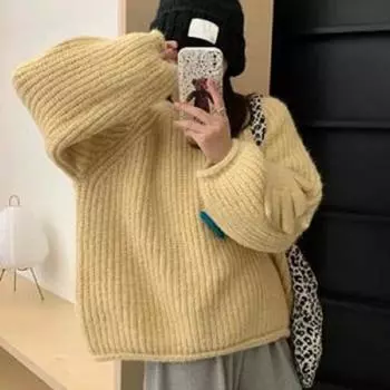 Осенне-зимний толстый повседневный теплый женский вязаный свитер с длинным рукавом и круглым вырезом, женский трикотаж, топы, элегантные однотонные винтажные свитера 24784 One Size