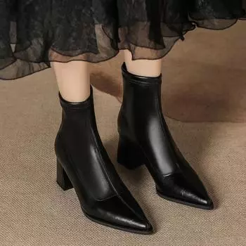 Autumn and winter thick heel single boots medium tube thin boots women thin rear zipper black pointed head low tube leather boots high heel women 35