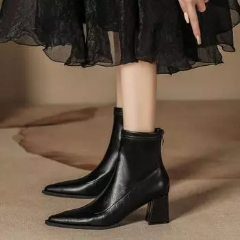 Autumn and winter thick heel single boots medium tube thin boots women thin rear zipper black pointed head low tube leather boots high heel women 35 чёрный