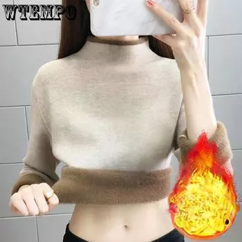 Autumn and Winter Thick Sweater for Women Warm and Casual Loose Pullover One-piece Velvet Semi High Neck Knitted Sweater Base Layer S
