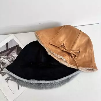 Autumn and winter thickened deerskin fleece basin hat shows a small face bucket hat trendy warm fleece fisherman hat children M56-58cm чёрный