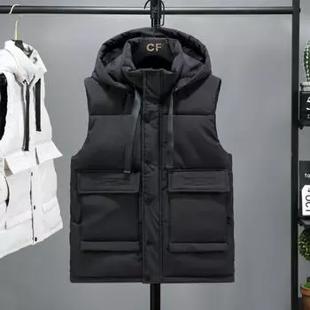 Autumn and winter thickened down cotton vest men and women couple vest vest vest vest tooling vest student removal hat cotton jacket men M (80-50 kg) чёрный
