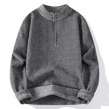 Autumn and Winter Thickened Loose Warm Half Zipper Striped Knitted Sweater Men s Warm Bottoming Shirt M